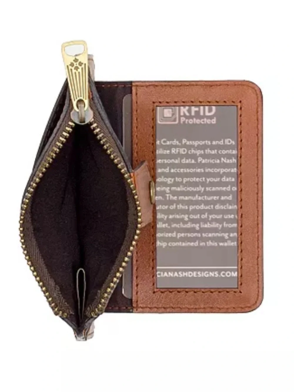 Patricia Nash Cassis ID Case Wallet Key Chain Coin Purse Biscuit Brown Leather - Picture 9 of 9
